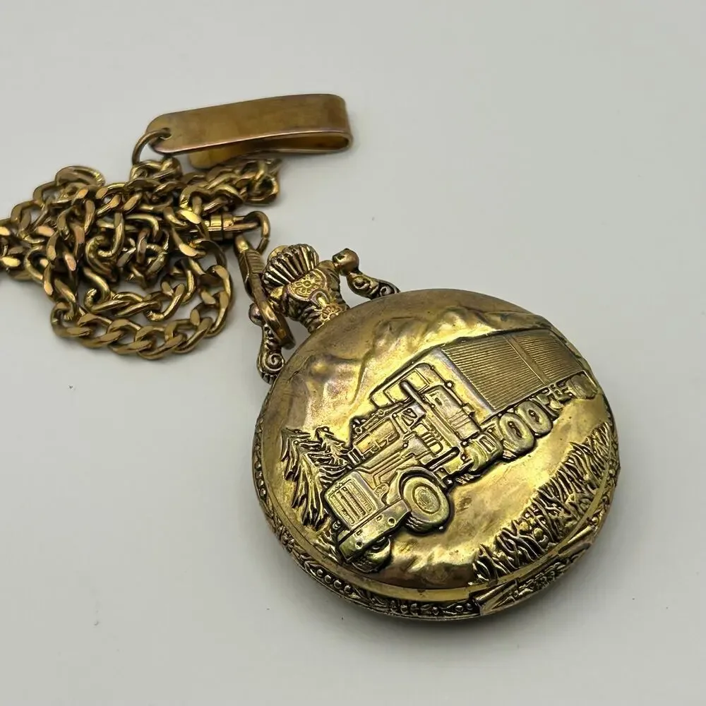 Vintage Details Gold Tone Truck Emblem Cover Pocket Quartz Watch